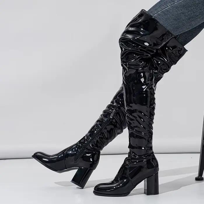 Veyke-Cuissardes de moto en cuir verni plissé pour femmes