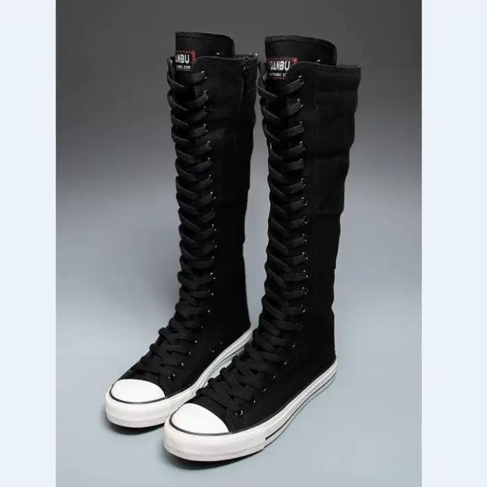 2025 nouvelles chaussures montantes en toile pour femmes édition coréenne botte longue à lacets fermeture éclair