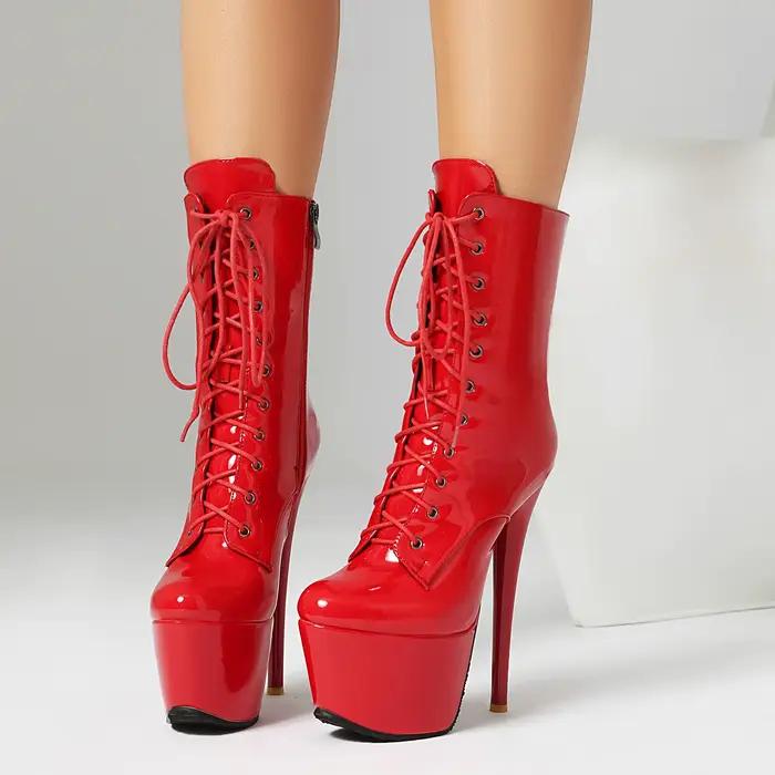 Bottines à plateforme en cuir verni rouge pour femmes