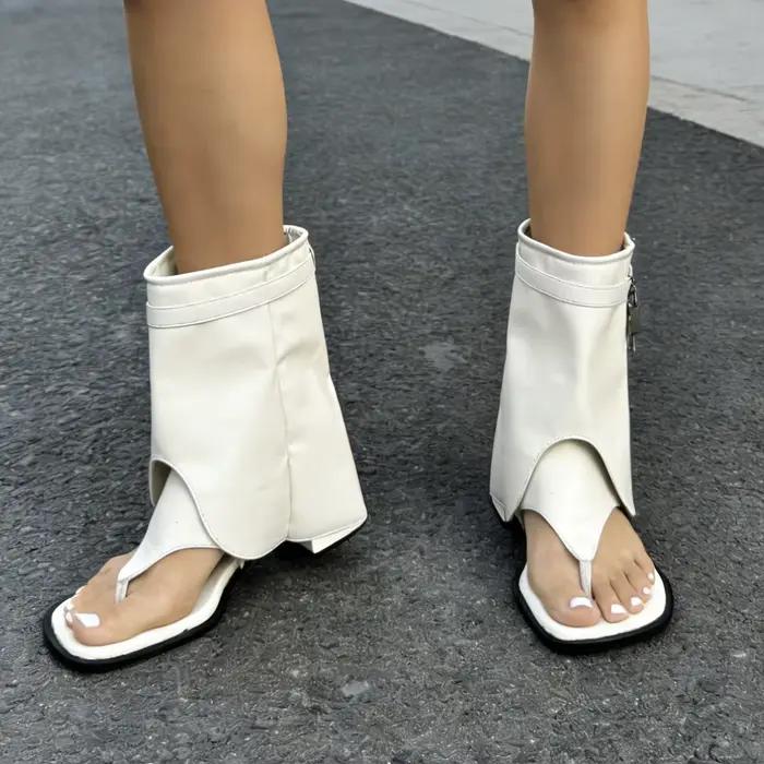 Bottes d'été pour femmes, nouvelle tête carrée, ensemble de boucles métalliques, semelle souple, antidérapantes, résistantes à l'usure, fermeture éclair latérale, sandales antidérapantes