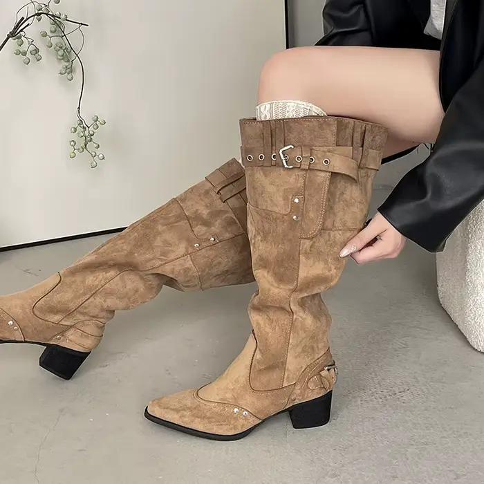 Bottes de mode occidentale pour femmes en automne et en hiver 2025, bottes longues pointues avec fermeture éclair, bottes empilées pour femmes
