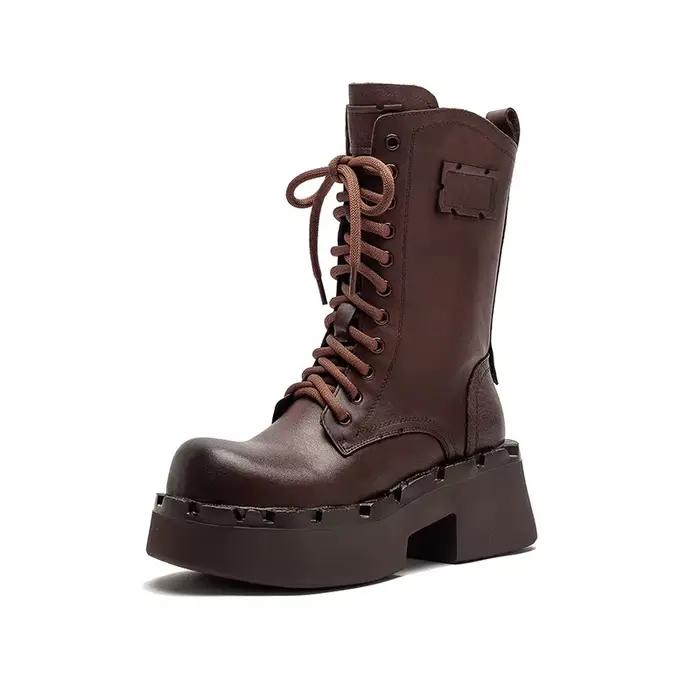 Bottines à talons hauts pour femmes, mi-mollet, hiver, bout large, cuir de vache véritable, talon épais, plateforme, style rétro, bottes chaudes en fourrure.