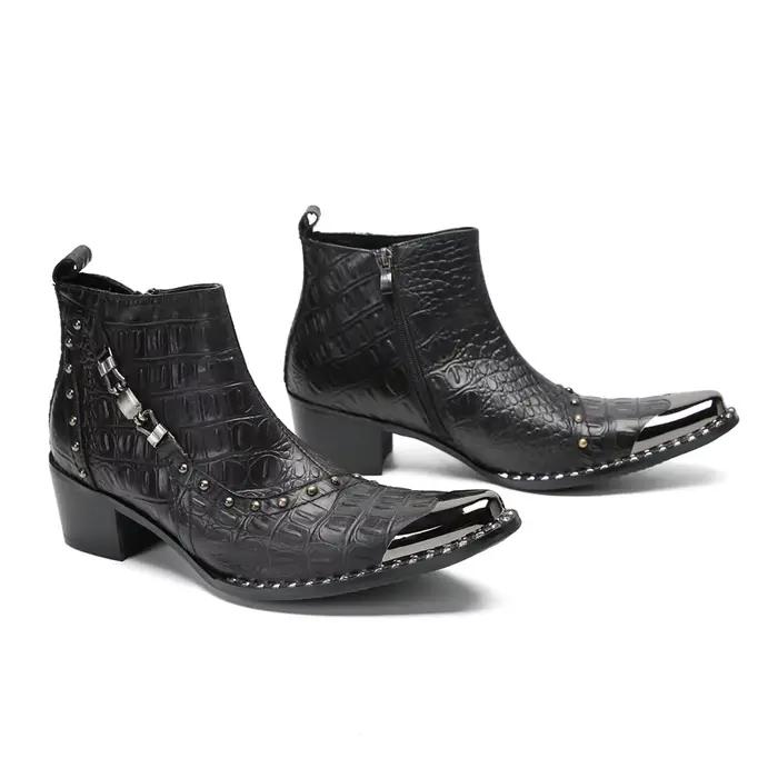 COOGERLOVE-Bottes en cuir de style punk pour hommes, bottes de rinçage de cow-boy militaire, bottes hautes en caoutchouc, chaussures en dentelle Parker pointues en métal