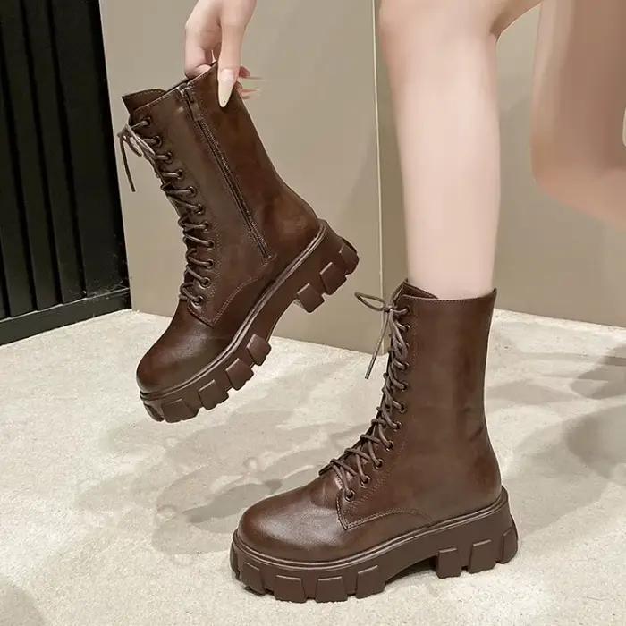 Bottes mi-mollet style anglais pour femme, plateforme, grande taille, printemps-automne