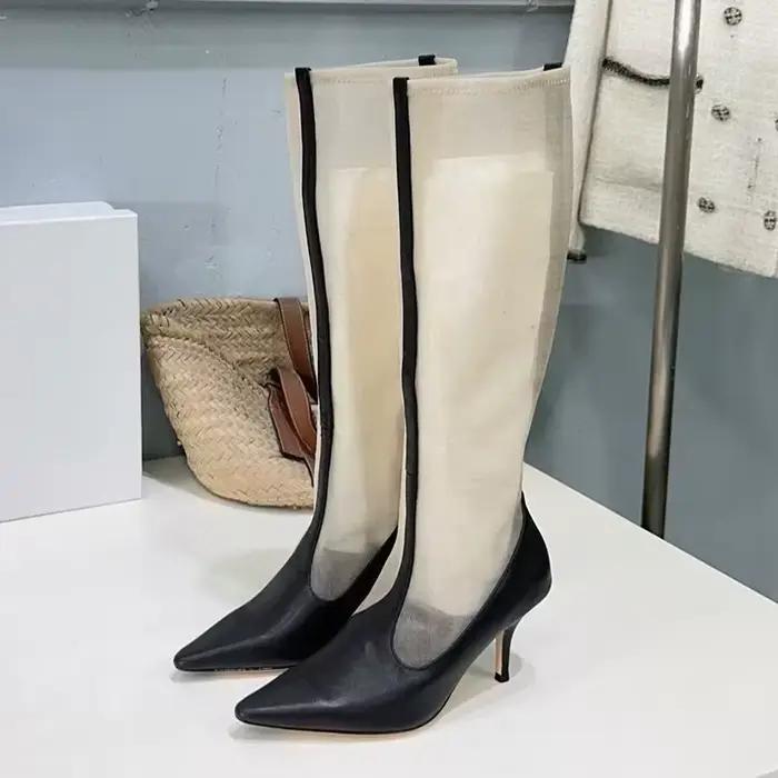 Femmes talons hauts fins genou bottes bout pointu en cuir véritable gaze Patchwork bottes longues piste printemps automne bottes modernes