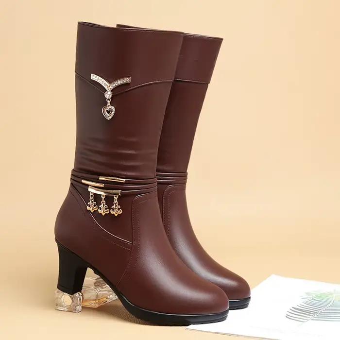 Femmes confortable polaire bottes moyennes automne hiver nouveau Style talon épais côté fermeture éclair pointu mode talons hauts bottes