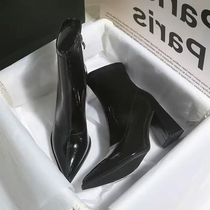 Bottines d'hiver en cuir verni pour femmes, bottines courtes à bout pointu, talons hauts carrés, chaussures de soirée 2026
