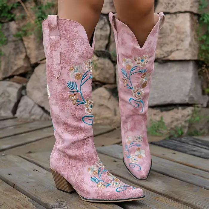 Bottes de cowboy longues brodées de fleurs vintage pour femmes, bottes western en cuir PU, bottes hautes pour femmes, chaussures de cowgirl à talons hauts