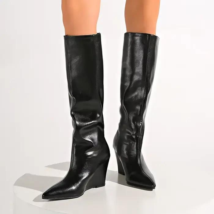 Mode talons hauts compensés bottes longues femmes grande taille en cuir Pu genou haute Botas Mujer Sexy Punk noir bout