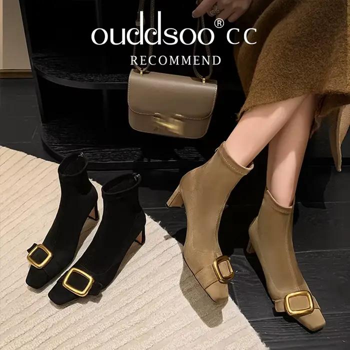 Ods-Bottes à talons bas personnalisées pour l'automne et l'hiver, bout pointu en métal, fermeture à glissière carrée, bottes de rinçage minces commandées, nouveau, 42