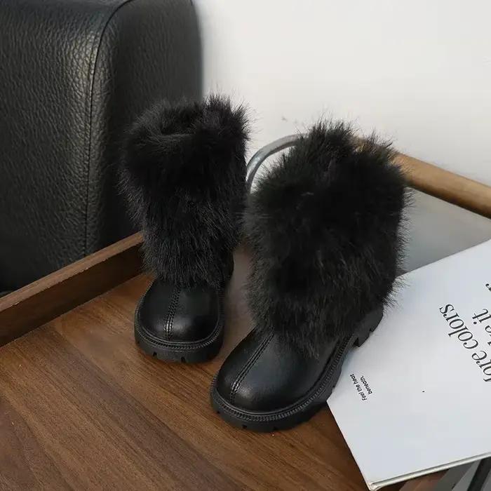 Bottes de neige chaudes en fourrure douce pour filles, bottes d'hiver pour enfants, noir, blanc, bottes polyvalentes pour enfants, mode décontractée, bottes longues en peluche avec fermeture éclair