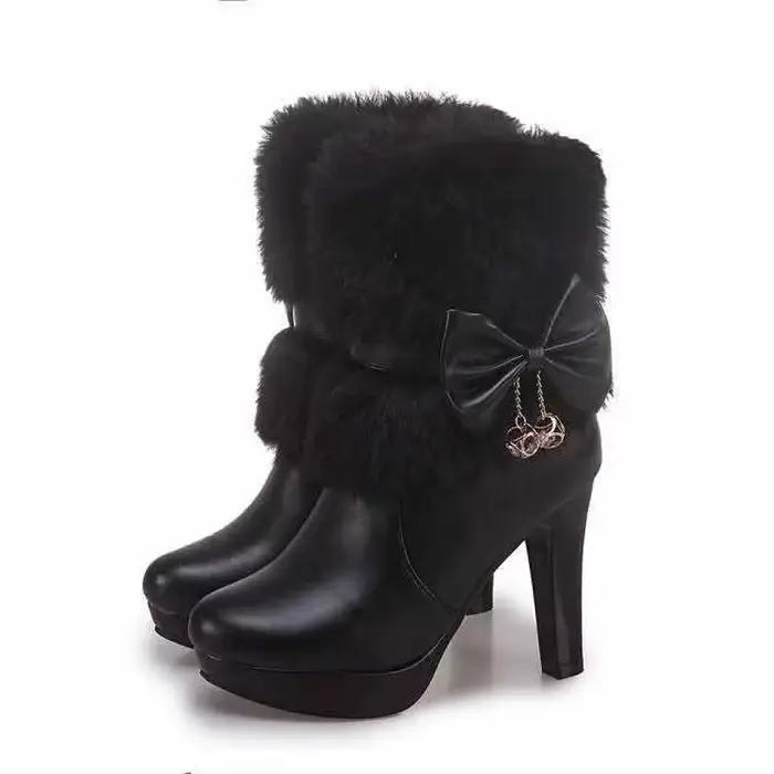Bottes mi-hautes pour femmes, bottes de neige roses à talons épais avec nœud, automne/hiver 2025