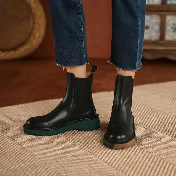 Offre spéciale automne/hiver femmes bottes bout rond chaussures à talons épais Chelsea