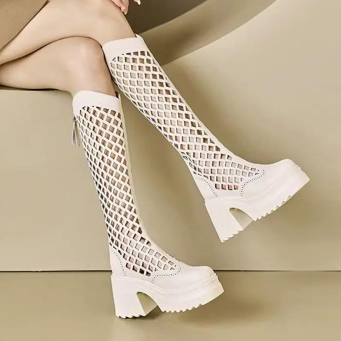 Bottes d'été ajourées pour femmes, Tube Long de 10CM, talons hauts, cuir de vache blanc, rehaussant, amincissant, en maille haute