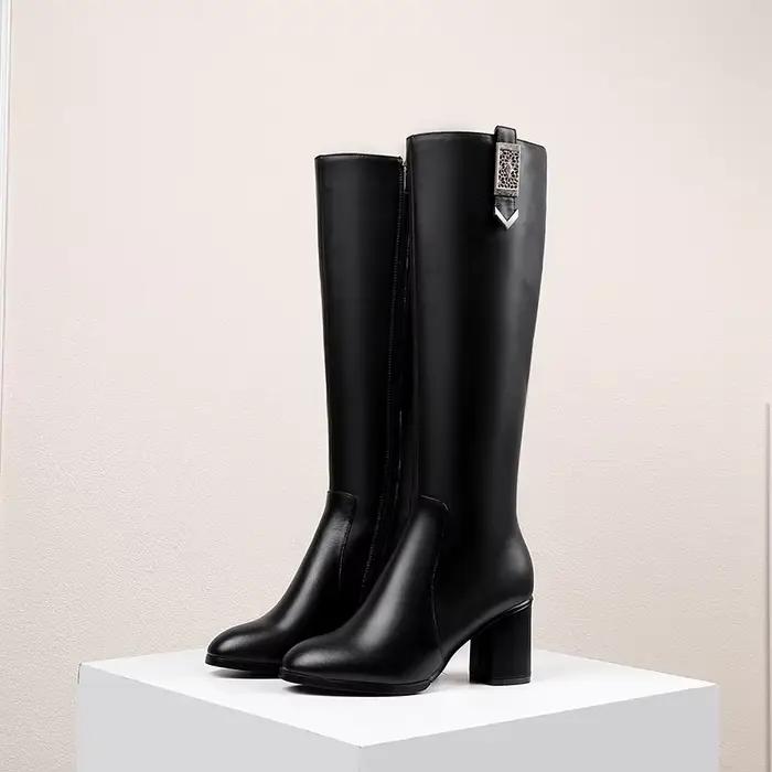 Kaky's-Bottes longues pointues en cuir de vachette pour femmes, talons hauts, baril, mode, grand, nouveau