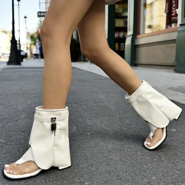 Bottes d'été pour femmes, nouvelle tête carrée, ensemble de boucles métalliques, semelle souple, antidérapantes, résistantes à l'usure, fermeture éclair latérale, sandales antidérapantes