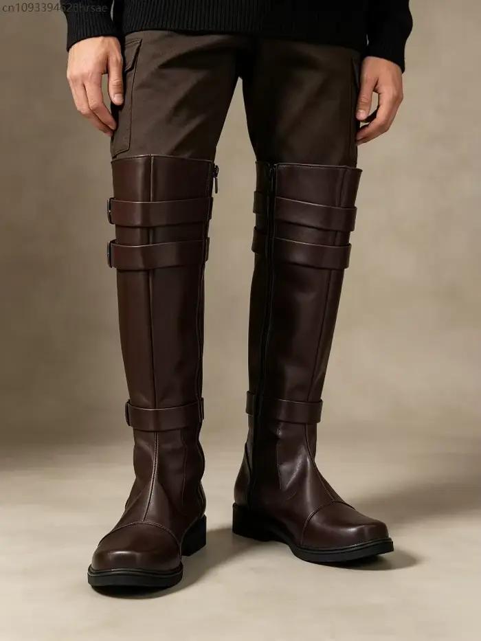 Bottes hautes vintage marron pour hommes, en cuir PU, avec fermeture éclair latérale, style motard, gothique, chevalier, cosplay, chaussures longues noires