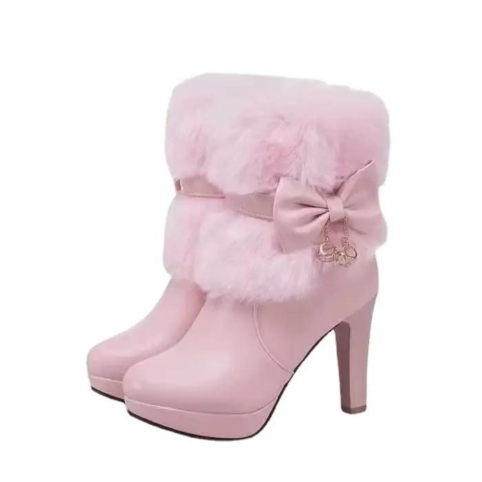 Bottes mi-hautes pour femmes, bottes de neige roses à talons épais avec nœud, automne/hiver 2025