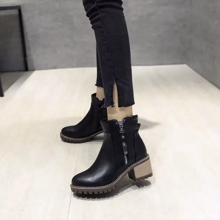 Bottines à la cheville vintage en patchwork de cuir pour femmes, talon bas, semelle en caoutchouc, automne hiver, pour toutes les occasions