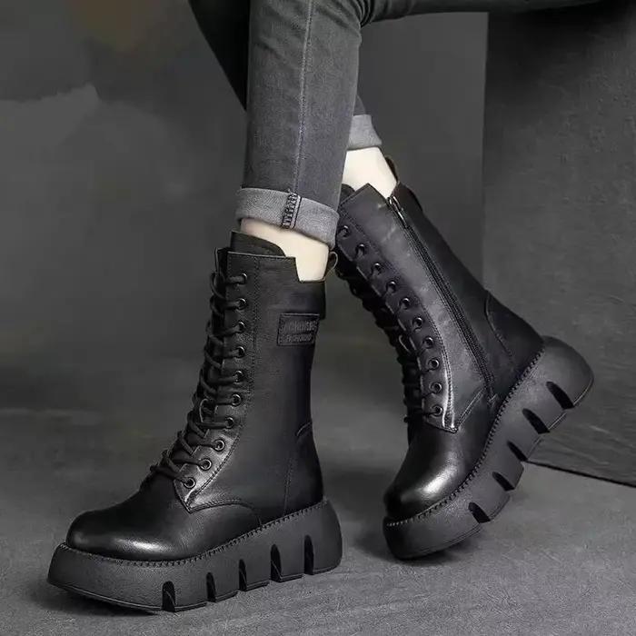 Hiver cuir femmes bottes 2025 court en peluche mi-talon bottes de neige à lacets chaud dame plate-forme Biker bottines pour femmes chaussures