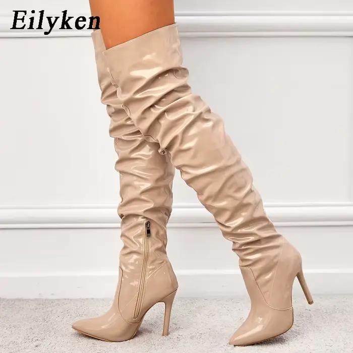Cuissardes Eilyken en cuir verni avec talon fin et fermeture éclair latérale pour femmes, disponibles en rouge et autres couleurs, au-dessus du genou, pour hiver et occasions spéciales