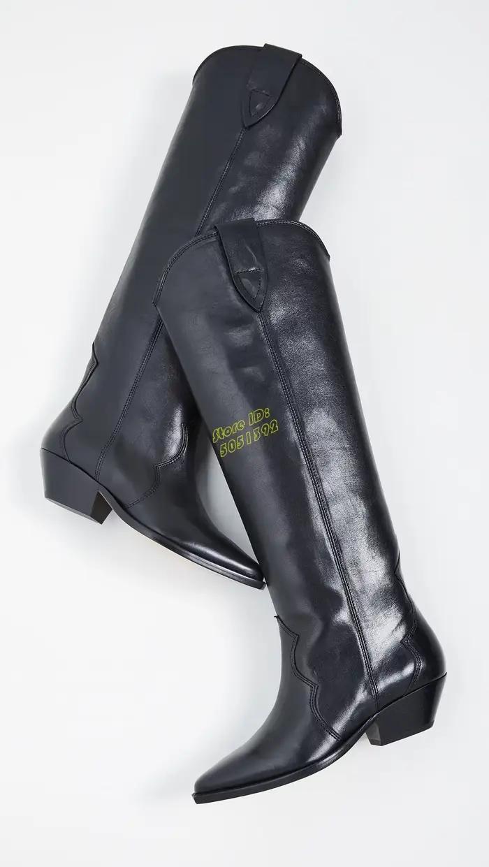 Bottes hautes en daim noir à talon carré, bout pointu sexy, talon moyen, faites à la main, style western cowboy, en cuir noir, Nouveautés