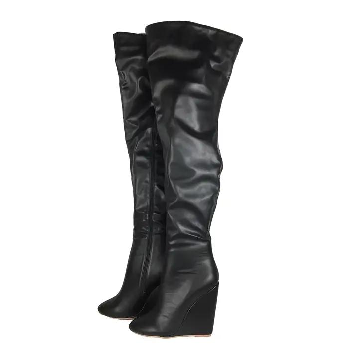 Bottes noires au-dessus du genou pour femmes, bottes hautes à talon compensé avec fermeture éclair intégrale, bottes longues d'hiver