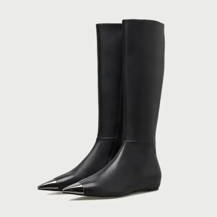 Bottes longues pointues en métal pour femmes, bottes au-dessus du genou, noir, sexy, marque de mode, spectacle sur scène, automne, hiver, taille 34-45