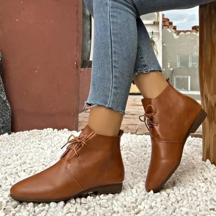 Bottes à lacets de style britannique pour femmes, chaussures en cuir décontractées souples, bout pointu, talon carré, semelle en caoutchouc, polyvalentes pour automne et hiver