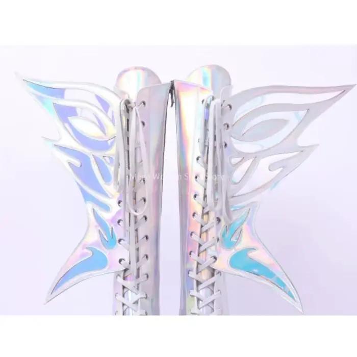 Bottes hautes holographiques à plateforme pour femme, talon épais, lacets, fermeture éclair latérale, bottes longues, chaussures de cosplay et de festival