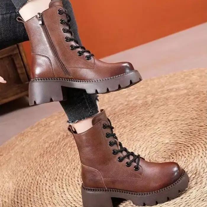 Bottes mi-mollet en cuir à lacets pour femmes