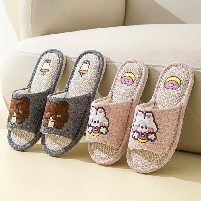 Chaussons en lin et coton pour toutes les saisons, unisexes, respirants, à semelle souple, antidérapants pour sols en bois dur, pantoufles d'intérieur pour couple