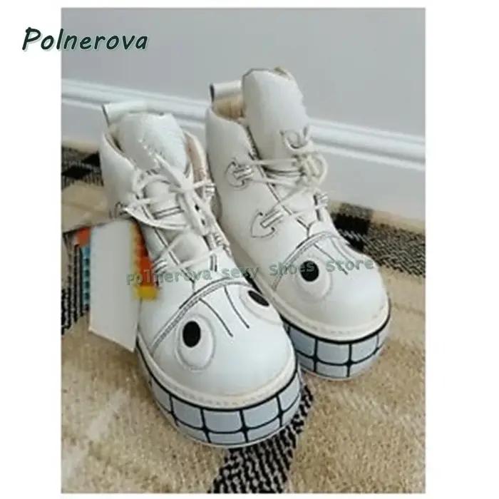 Bottes mi-mollet à lacets motif visage souriant de dessin animé, bout rond, semelle épaisse, couleurs mélangées, style Y2K Cosplay, été 2026, style urbain