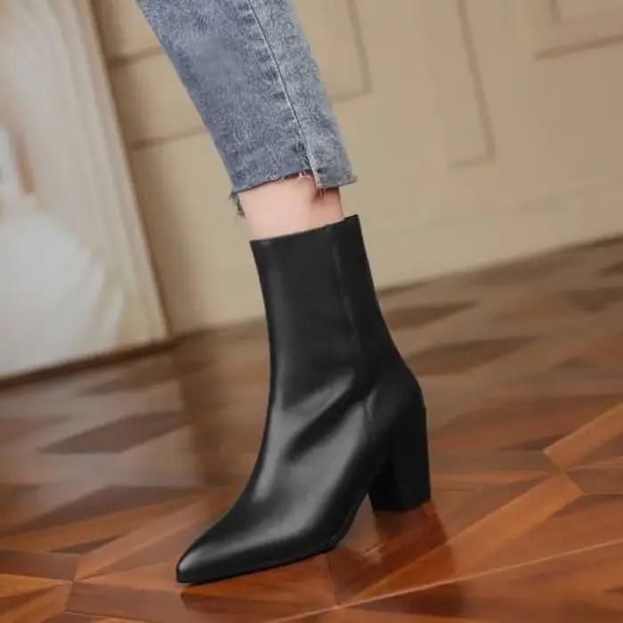 BLXQPYT bottines en cuir véritable femmes qualité mode Zip botte courte noir talons hauts plate-forme chaussures grande taille 44 45 46 21-54