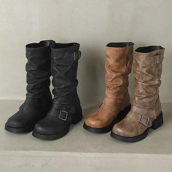Chaussures gothiques plissées à bout rond pour femmes