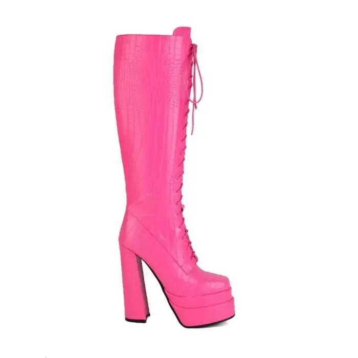 Bottes hautes en cuir PU pour femme, cuir de Crocodile, couleur or argent Olive, brillant, à lacets, talons hauts occidentaux, bottes à plateforme d'hiver