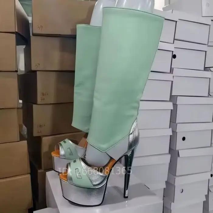 Bottes hautes pour femmes vert menthe argentées à bout ouvert