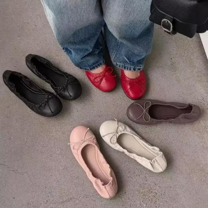 Chaussures de ballet élégantes rétro rouges à nœud papillon 2026 pour femmes, mocassins plats souples pour femmes, chaussures de ville polyvalentes, Zapatos Mujer