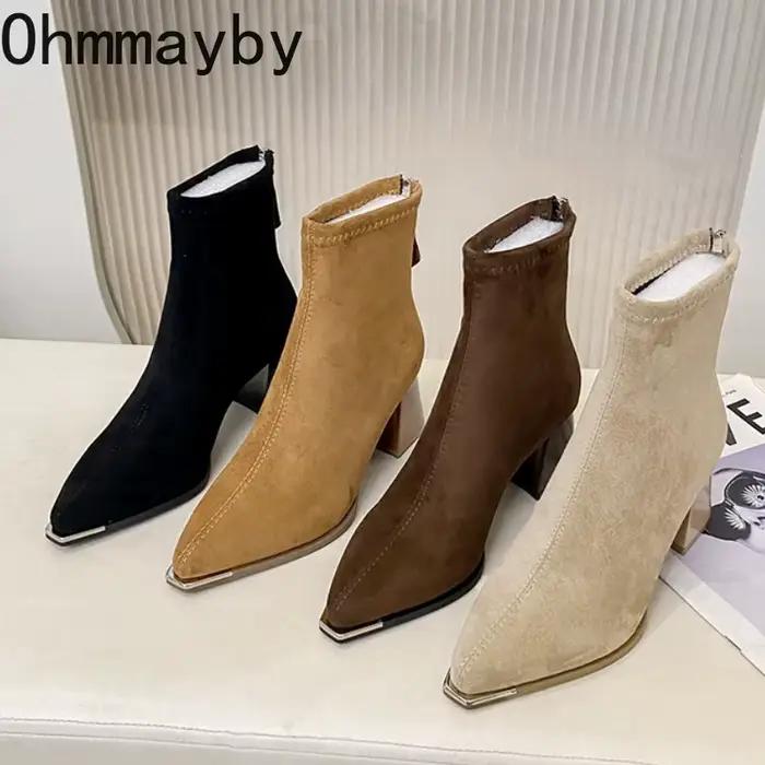 Bottines à talons épais pour femmes, chaussures courtes modernes à bout pointu, Style de rue, strip-teaseuse de fête, hiver