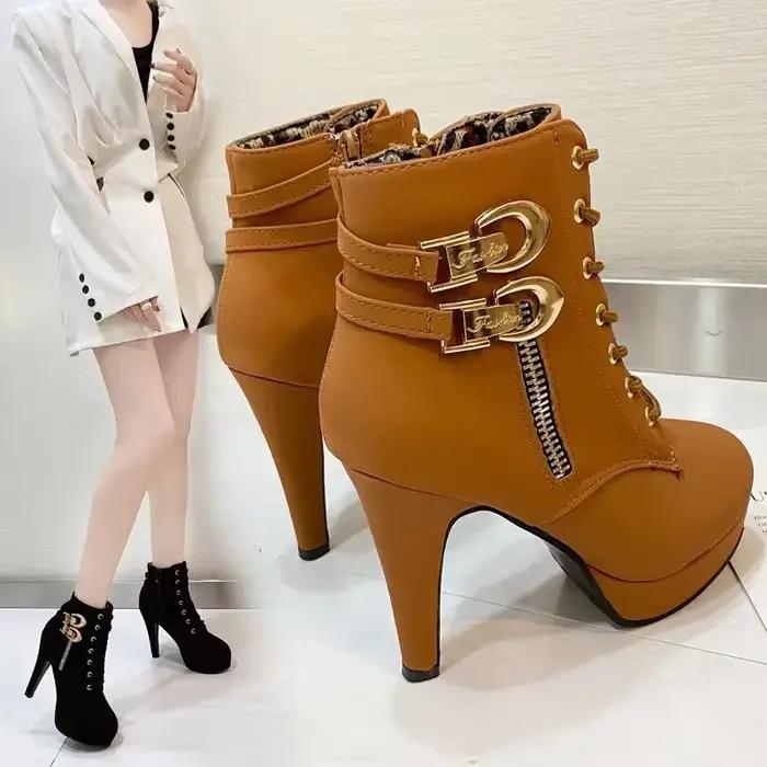 Bottes de rinçage à talons aiguilles pour femmes, bottes sexy à lacets, talon stiletto, fermeture à glissière latérale, plateforme féminine, bottines courtes, cuir synthétique, mode automne, hiver 2025