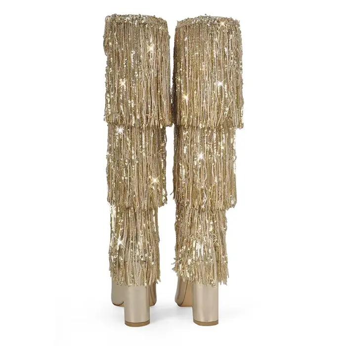 bottes au-dessus du genou Onlymaker bout pointu frange dorée pour femmes soirée danse élégantes ocassions spéciales