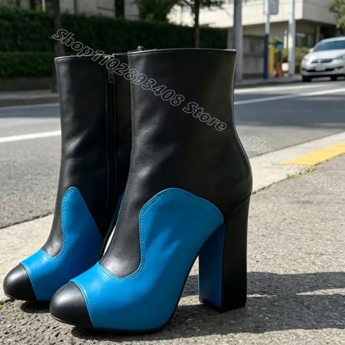 Bottines en cuir mat bicolore, talons épais, bout rond, style britannique, pour femmes, sandales décontractées, Zapatos Para Mujere