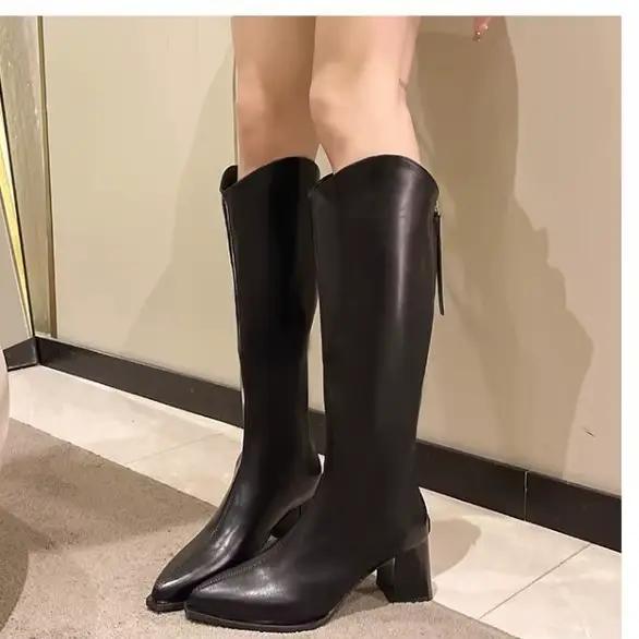 Bottes pour femmes de grande taille, décontractées et élégantes, style romain, à talon épais, bout pointu, mi-mollet, pour l'automne et l'hiver