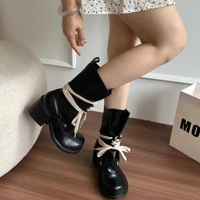 Nouveau luxe rétro mat Style Punk avant à lacets mi-mollet dame bottes bout rond plate-forme tout-Match chaussures