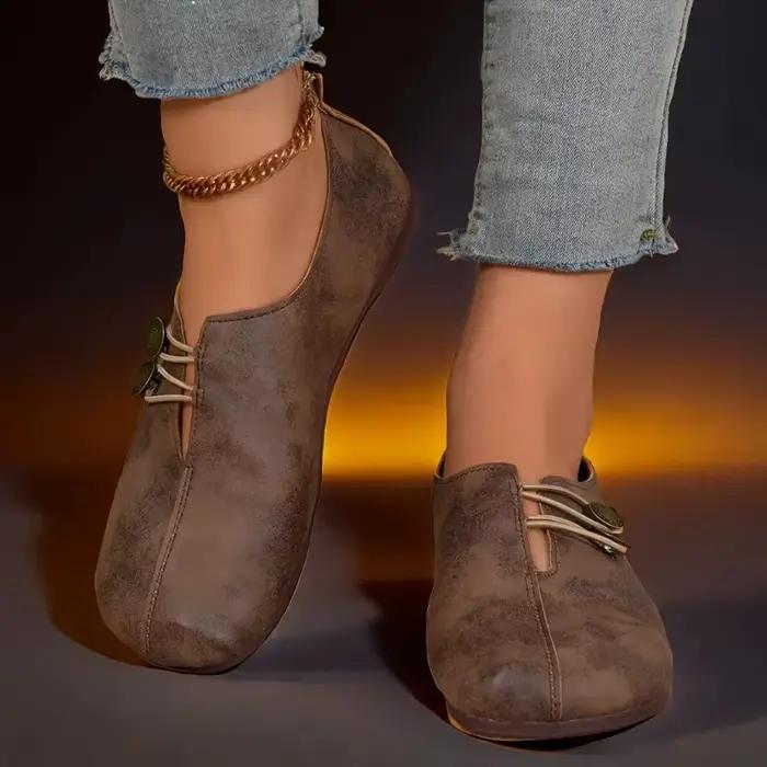 Chaussures plates confortables à semelle souple et bout rond pour femmes, avec boucle décorée, couleur unie, décontractées, respirantes, design à enfiler facile