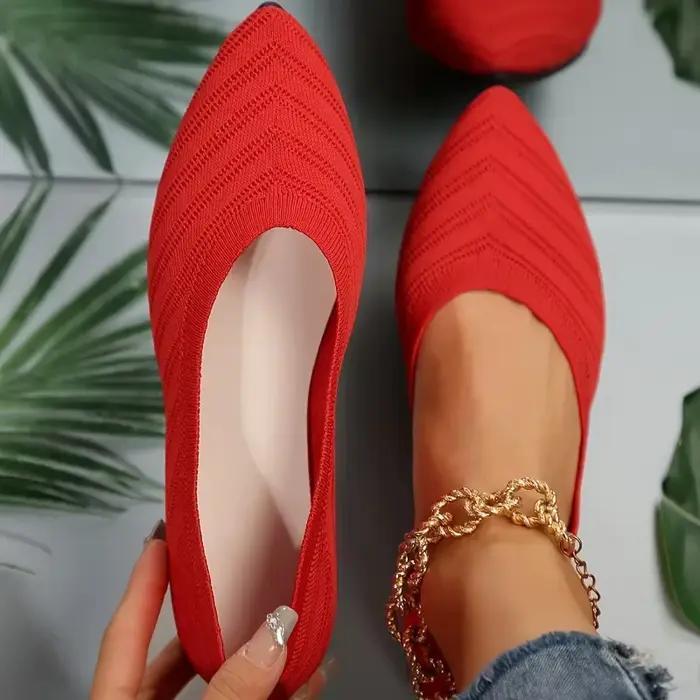Femme bout pointu chaussures plates couleur unie tricoté sans lacet bureau bateau