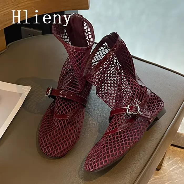 Hlieny été évider respirant maille bottes pour femmes mode boucle sangle bout rond Zip chaussures plates bottines taille 35-43