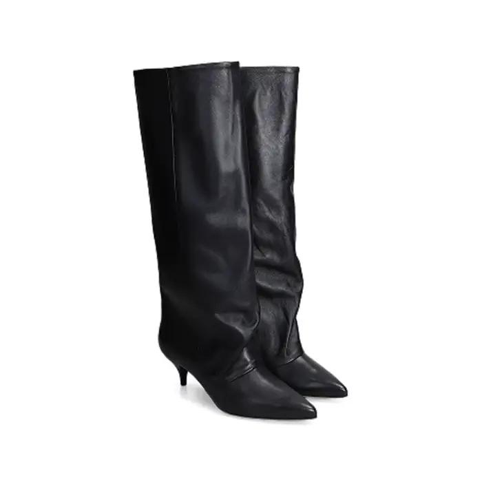 Bottes hautes d'hiver pour femmes, bout pointu, talon kitten, finition brillante, chaussures modernes et chics jusqu'aux genoux pour la saison froide.