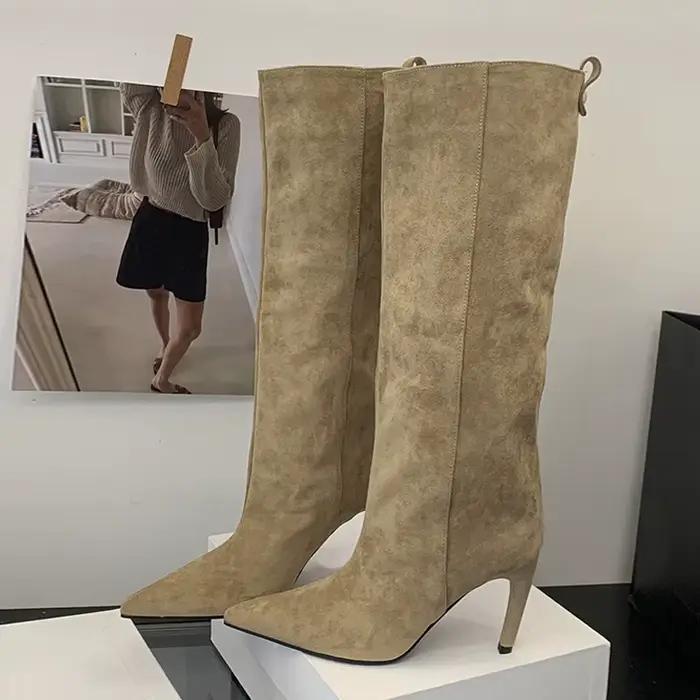 Liyke automne hiver mode mince genou bottes hautes femmes Sexy bout pointu bas talon mince chaussures femme chaussons longs Zapatos De Mujer