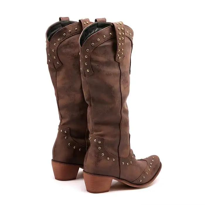 Haute qualité style Punk gothique Vintage motos bottes occidentales pour femmes Rivets noirs genou bottes hautes chaussures